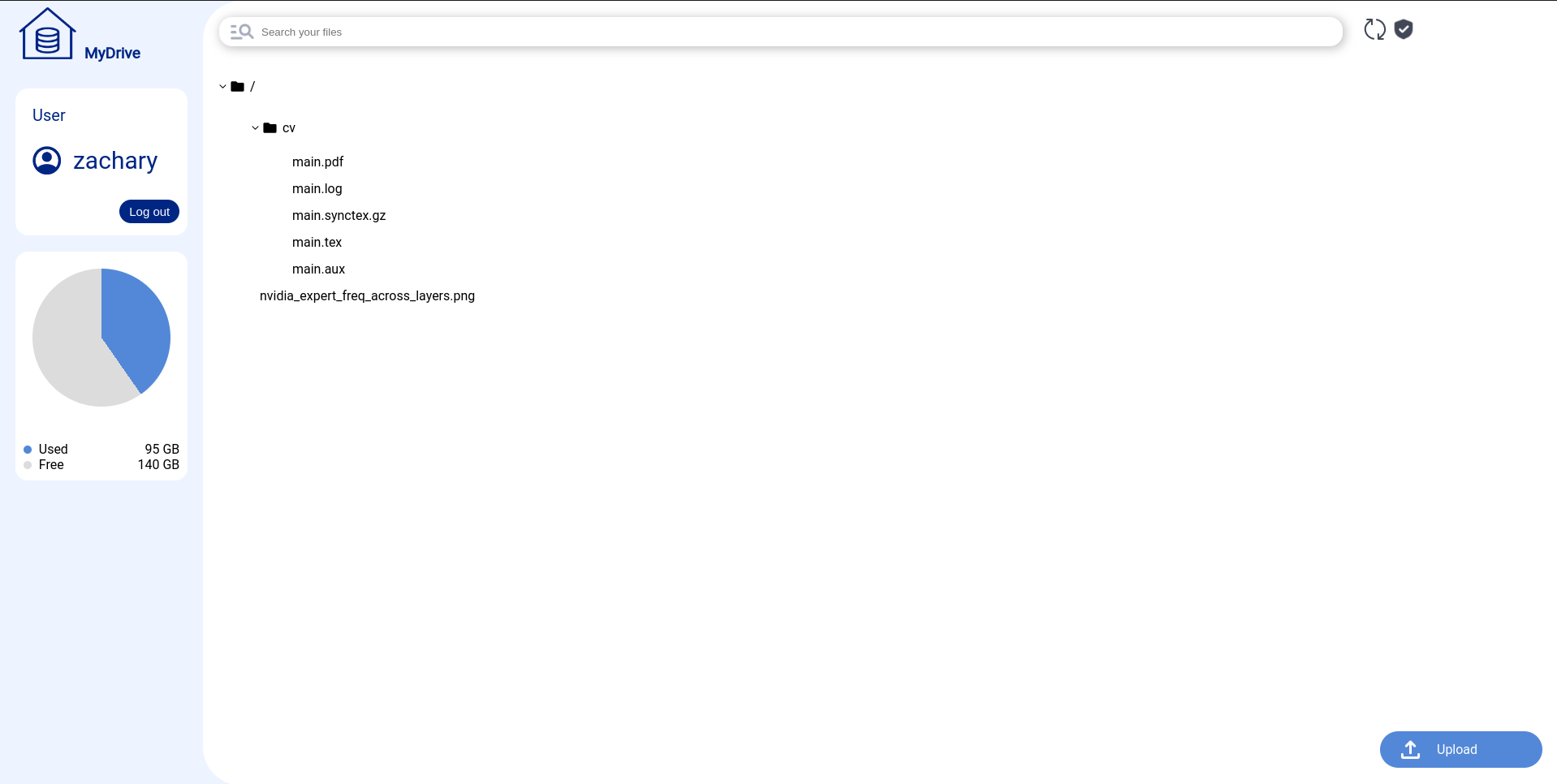User home screen view of MyDrive, featuing ability to upload, search and download