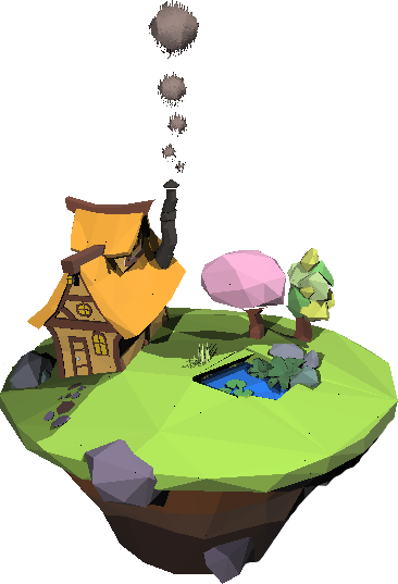 Ray trace render of a beautiful scene of a house on top of a floating island with a pond and a tree over it